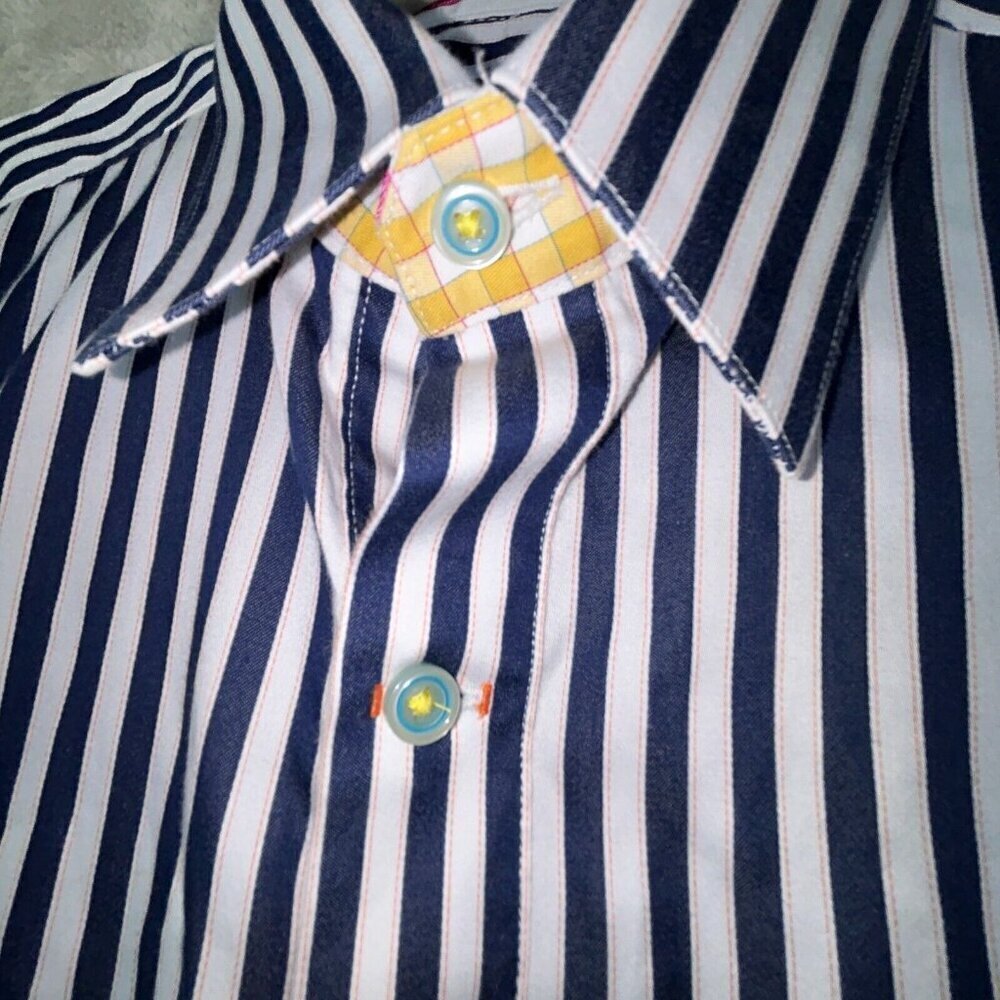 Robert Graham L Shirt Mens Large Navy Blue Striped Pink Flip Cuff Green Trim 100 - Picture 7 of 11